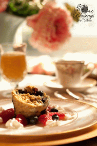 Baked Steel-cut Oats served with fruit on fine china 