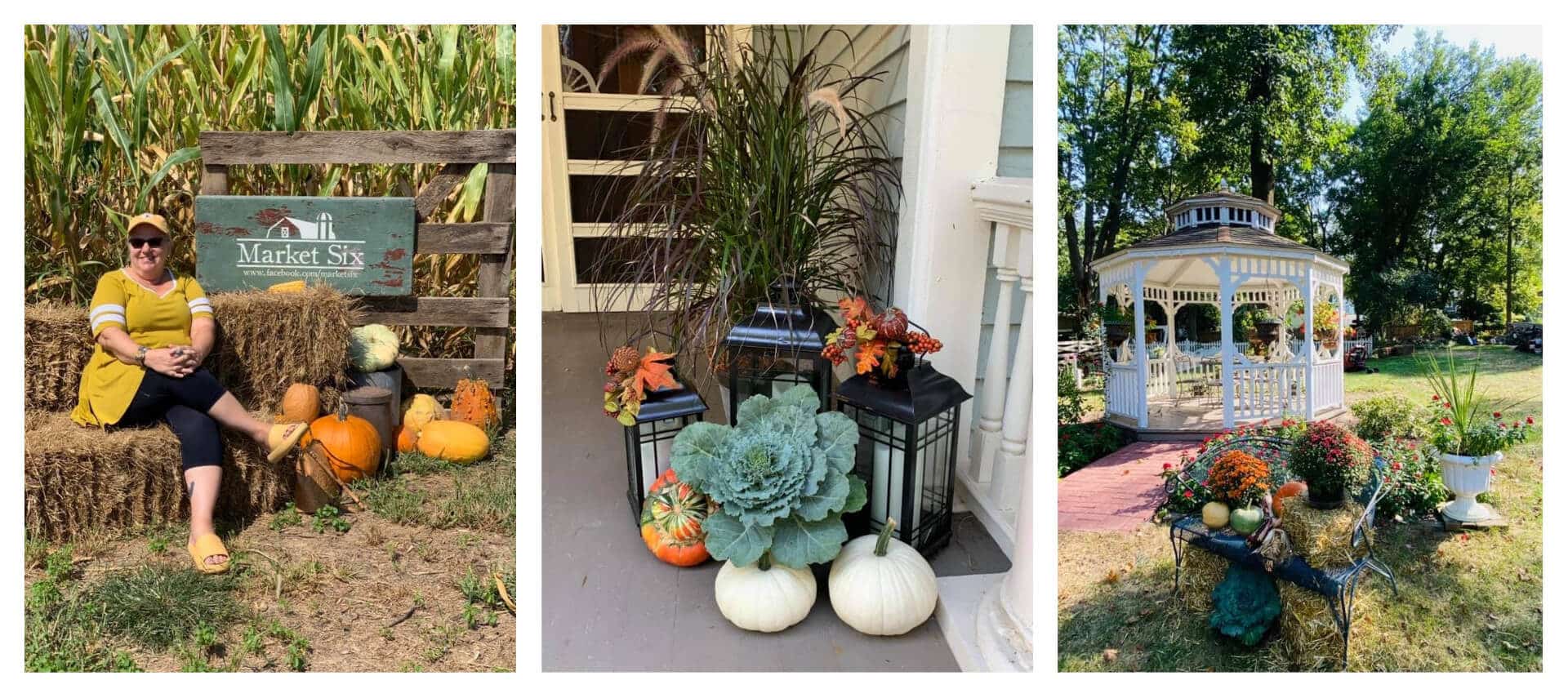 three pictures with pumpkins and fall decor