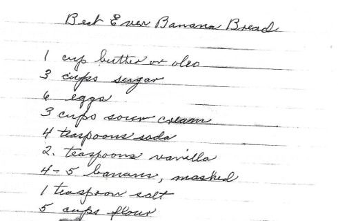 Copy of a handwritten banana bread recipe