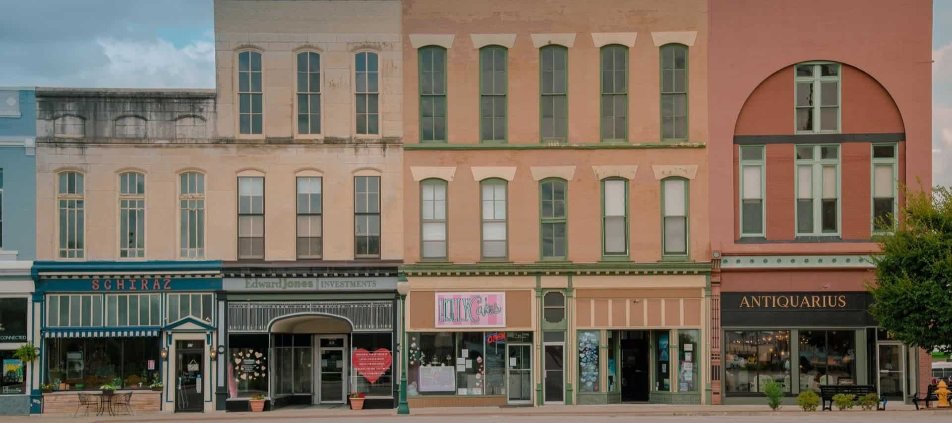 Multiple store fronts in a downtown setting